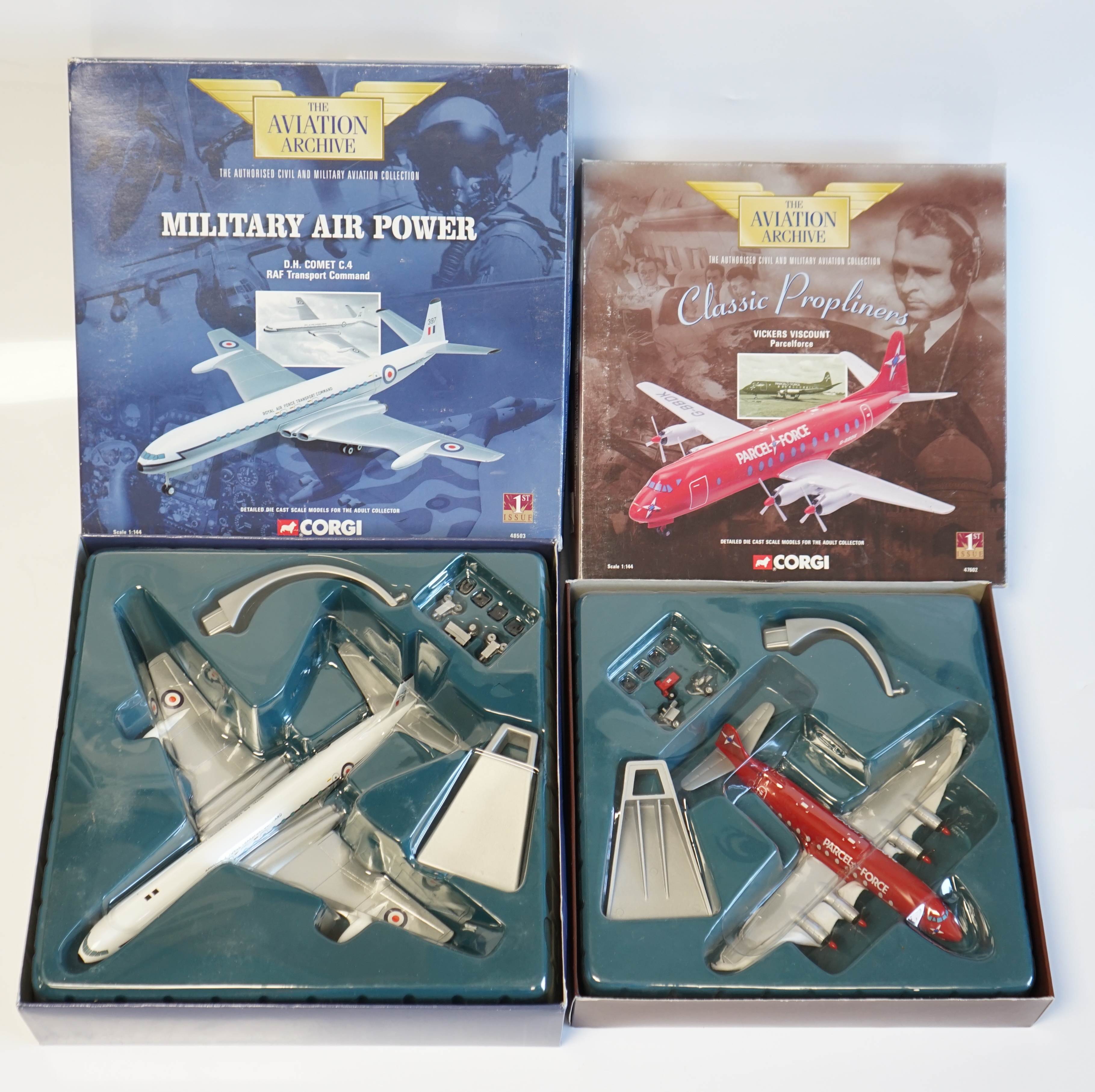 Nine boxed Corgi Aviation Archive aircraft including five Classic Propliners series; three Vickers Viscount and two Bristol 175 Britannias, two 100 Years of Flight series; a Bristol 175 Britannia and a DH Comet 4, two Mi